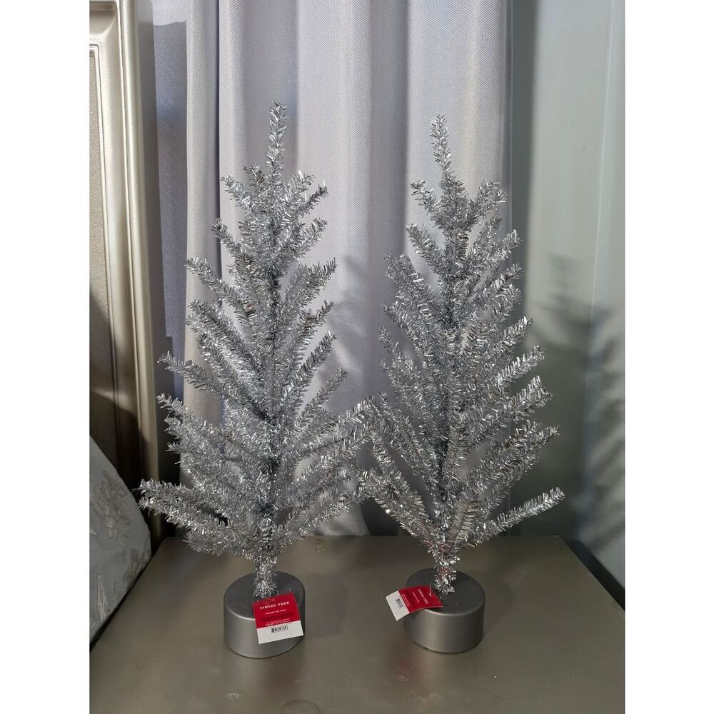 Lot of two 24" Unlit Tinsel Mini Artificial Christmas Tree Silver Wondershop